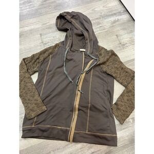 Mystree Womens Brown Mixed Media Knit Sleeve Zip Up Hoodie Sweatshirt Size M